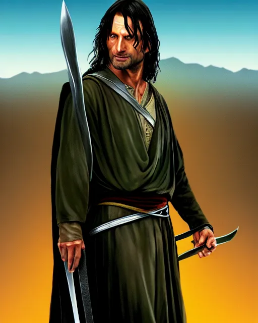 Image similar to Aragorn from Lord of the rings in GTA V, Cover art by Stephen Bliss, boxart, loading screen, 8K resolution