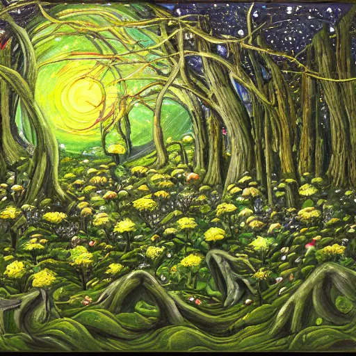 Image similar to a serene forest of faeries, starry night