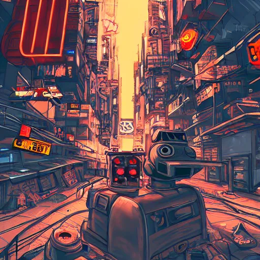 Image similar to robot corgi in a post - apocalyptic cityscape, dystopian, cyberpunk, detailed digital illustration, neon lights