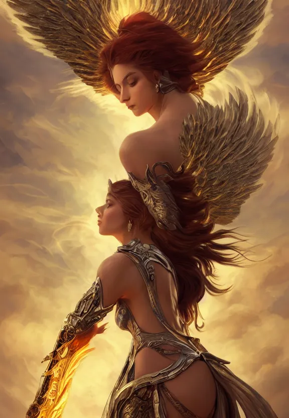 Prompt: A beautiful fierce angel with wings, wearing metal battle armor and a flaming sword, among heavenly sunlit clouds, intricate, elegant, digital painting, golden hour photography, profile shot, trending on artstation, concept art, smooth, sharp focus, realism, illustration, art by artgerm and Greg Rutkowski and Alphonse Mucha