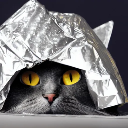 Image similar to cat conspiracy theorist, wearing tin foil hat