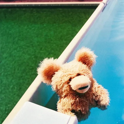 Prompt: photo teddy bear playing in swimming pool, cinestill, 800t, 35mm, full-HD