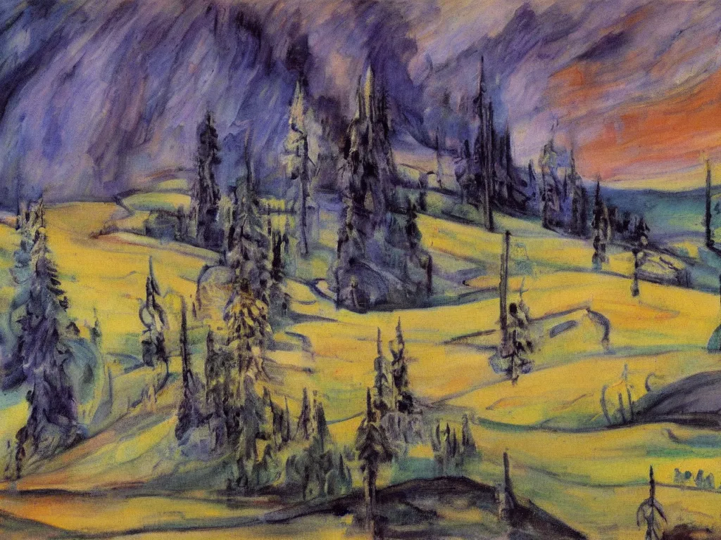 Prompt: a beautiful landscape painting by emily carr, trending on arstation