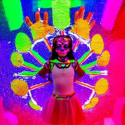 Prompt: Prismatic Spectrum Cosmic Magical Girl from the Rainbow Sky Paradise, tomorrowland, dia de muertos, lit by flashing pixel light, fully covered in colorful paint, glowing neon