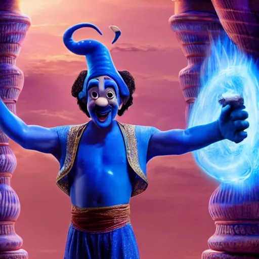 Image similar to albert einstein as genie with blue skin in the movie aladdin, movie still 8 k hdr atmospheric lighting