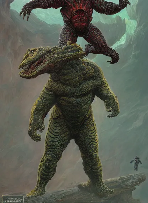 Image similar to brock lesnar as reptilian beast wearing scifi armour suit, dynamic action, by lawrence alma - tadema and zdzislaw beksinski and norman rockwell and jack kirby and tom lovell and greg staples, artstation creature art