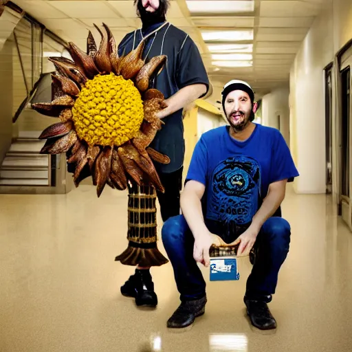 Image similar to ethan klein as a steampunk robot holding a large sunflower in a long futuristic hallway