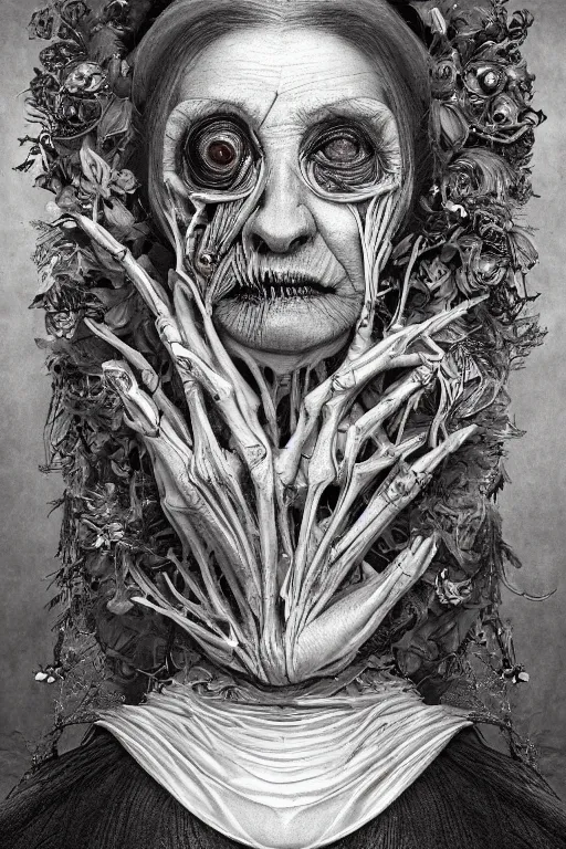 Image similar to Detailed maximalist portrait of a beautiful old woman with large lips and eyes, scared expression, botanical skeletal with extra flesh, HD mixed media, 3D collage, highly detailed and intricate, surreal illustration in the style of Caravaggio, dark art, baroque, centred in image