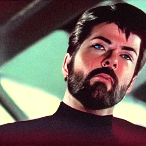 Image similar to still cinematic of william riker on the bridge of the enterprise smoking weed