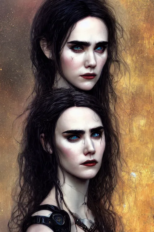 Image similar to portrait of young beautiful gothic Jennifer Connelly, cyberpunk, Warhammer, highly detailed, artstation, illustration, art by Gustav Klimt