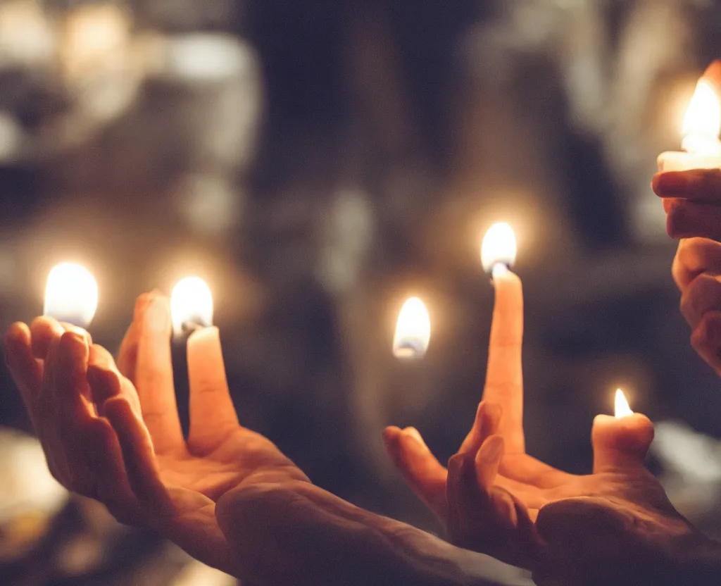 Image similar to first person point of view of man holding candle with his hand in a factory