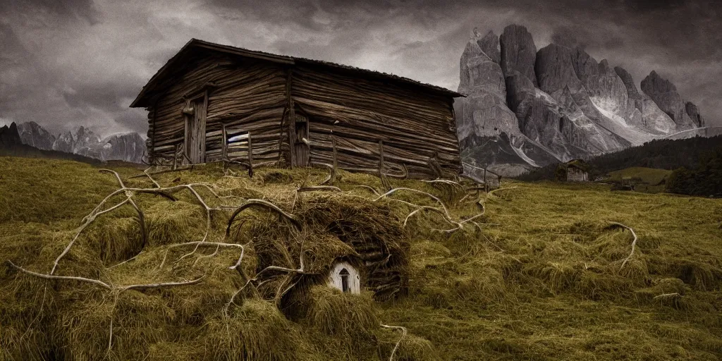 Prompt: old farmers hut overgrown by roots ,roots and hay coat, dolomites in background, dark, eerie, despair, portrait photography, artstation, digital art, concept art, artstation, highly detailed, sharp focus, by caravaggio