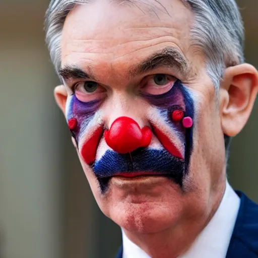 Image similar to Jerome Powell with colorful clown makeup all over his face