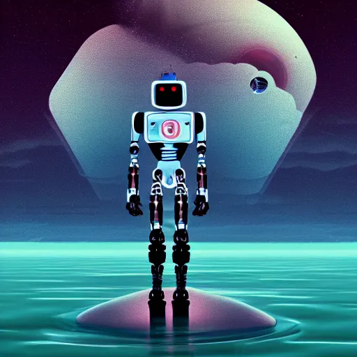 Prompt: a robot wearing a white cloak standing in the water. a large planet is overhead. an album cover by stanley twardowicz, trending on cg society, retrofuturism, retrowave, chillwave, synthwave