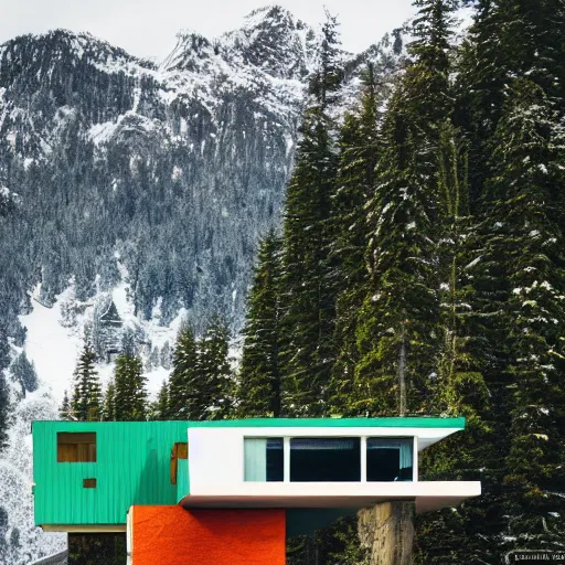 Image similar to wes anderson style modern futuristic house near the lake, snowy mountains and green forest, cinematic, realism, photo, detailed