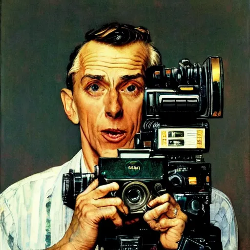 Image similar to norman rockwell painting of a television crew member holding a large television - video - camera