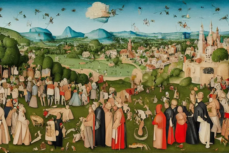 Prompt: an elaborate and dense painting of a peaceful neighborhood scene, detailed, made of alcohol ink on parchment and penned illustrations, by wes anderson and hieronymus bosch and geoff darrow