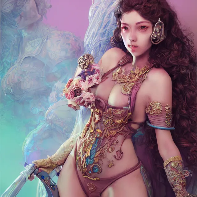 Image similar to studio portrait of neutral good colorful female cleric bard healer as absurdly beautiful, elegant, young sensual swimsuit model, ultrafine hyperrealistic detailed face illustration by kim jung gi, irakli nadar, intricate linework, sharp focus, bright colors, matte, octopath traveler, final fantasy, unreal engine highly rendered, global illumination, radiant light, intricate environment