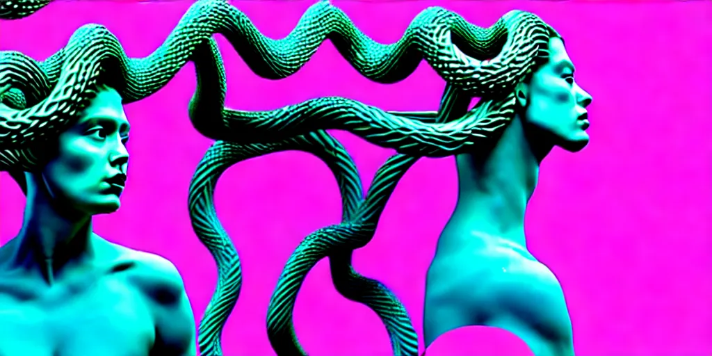 Image similar to modern sculpture, young woman as medusa, multiple poses, androgynous, vaporwave, distorted vhs still