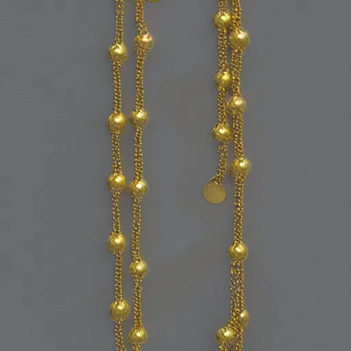 Prompt: a studio photoshoot of a Gold Beaded Chain with 12 beads, designed by Tom Sachs, realistic, color film photography by Tyler Mitchell, 35 mm, graflex