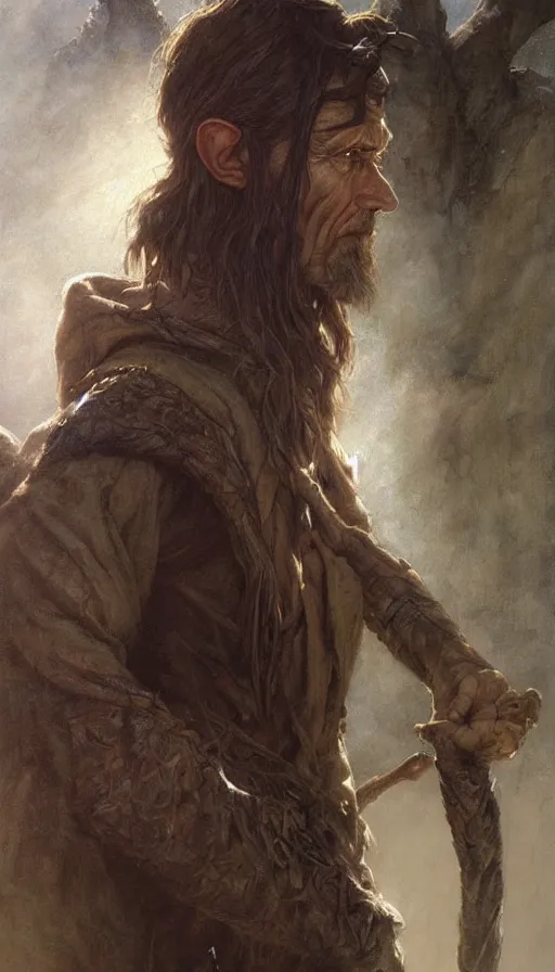 Prompt: Realistic portrait painting of a high fantasy wood elf wizard by John Howe, Greg Rutkowski, Frank Frazetta, Artgerm, Donato Giancola, Christophe Vacher, dramatic lighting