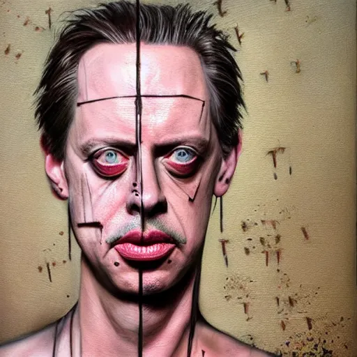 Image similar to hyperrealistic mixed media high resolution painting of Steve Buscemi Hellraiser, stunning 3d render inspired art by Jamie Salmon and Greg Rutkowski, perfect facial symmetry, dim volumetric lighting, 8k octane beautifully detailed render, full body shot, post-processing, extremely hyper-detailed, intricate, epic composition, highly detailed attributes, highly detailed atmosphere, cinematic lighting, masterpiece, trending on artstation, very very detailed, masterpiece, stunning, flawless completion, lifelike texture, perfection,