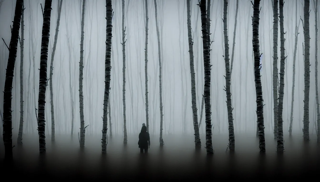 Prompt: silhouette of a person inspecting flood foggy thin birch swamp, scary, dark, atmospheric, ambient vibe, very detailed, 8 k