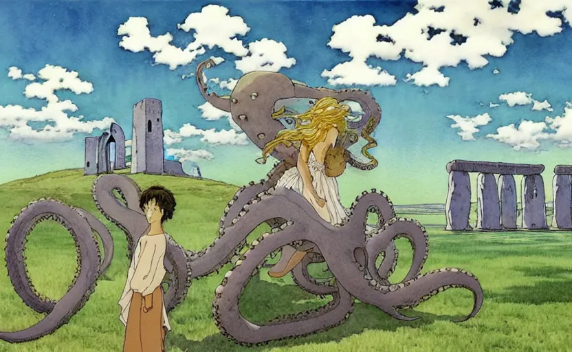 Image similar to a hyperrealist studio ghibli watercolor fantasy concept art. in the foreground is a giant grey octopus lifting a stone. in the background is stonehenge. by rebecca guay, michael kaluta, charles vess
