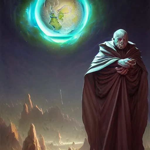 Image similar to the creator of worlds wearing a cloak and holding a holographic planet projection in his hand, detailed, sci - fi, digital painting, artstation, sharp focus, illustration, ominous, artgerm, tomasz alen kopera, peter mohrbacher, donato giancola, joseph christian leyendecker, wlop, frank frazetta