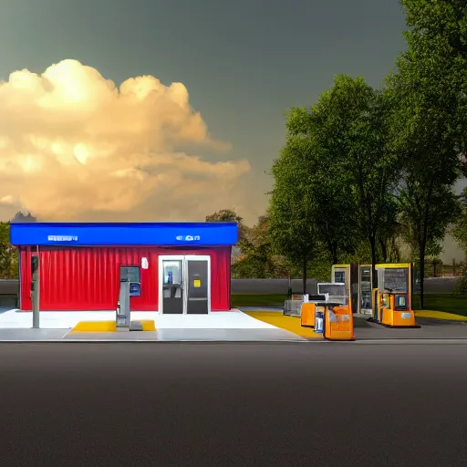 Image similar to photo of glowing sci fi container connected to a gas station in a pleasant urban setting with trees, day - time, sun overhead, award - winning, high res, 4 k, hyper realistic