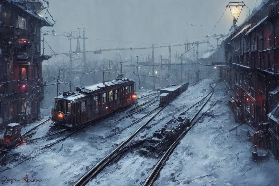 Image similar to highly detailed painting of dieselpunk stockholm, winter, snow, tram on rail tracks, dystopia, by greg rutkowski, by raphael lacoste, 4 k resolution, trending on artstation