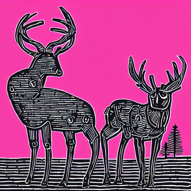 Image similar to linocut of a robot and a deer. pink, black and white color pallette.