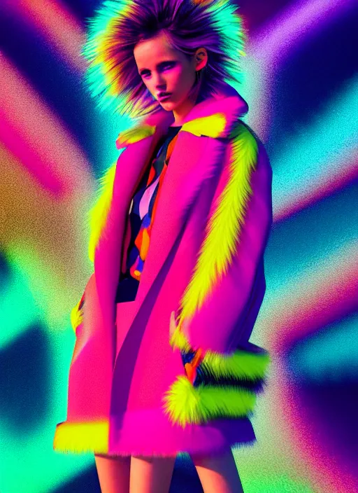 Image similar to stylish coat for a rave, bright colors, many details, prints, photo for a magazine, photo for a store, fashion photography, Vogue, 135 mm, cinematic, hyper realism, high detail, octane render, 8k, chrome accents, very coherent symmetrical artwork, perfect face model, full length photo, Upper and lower body, even skin tone