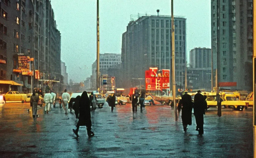 Prompt: 70s movie still of a sovietic street with pedestrians with soviet highrise in the backround , Cinestill 800t 18mm ektachrome color, heavy grainy picture, very detailed, high quality, 4k panoramic, HD criterion, dramatic lightning, streetlight at night, rain, gigantic marx portraits on the walls