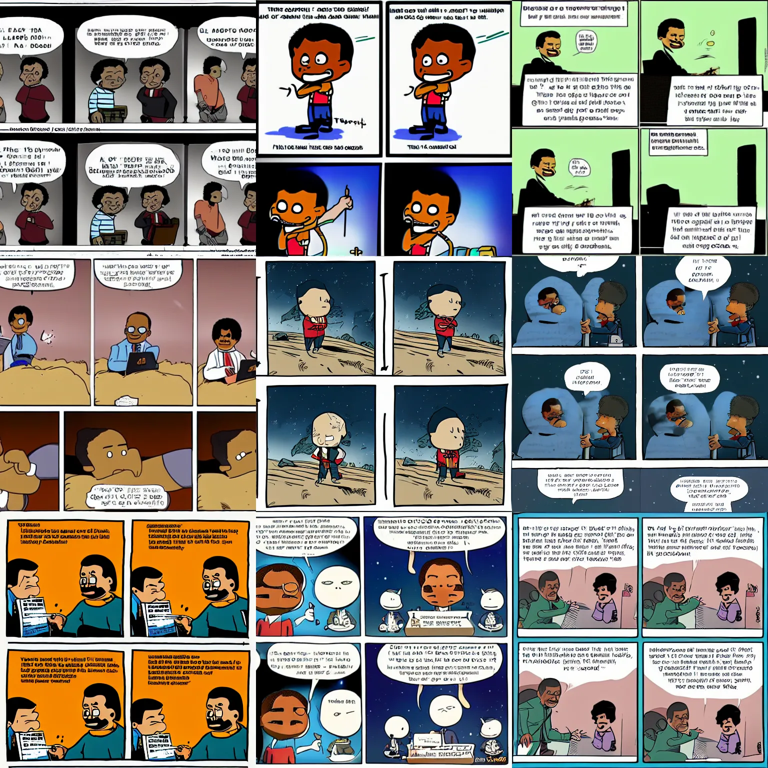 Prompt: a 3 panel comic strip about dbsnoosnoo and neil degrasse tyson in the style of bill watterson