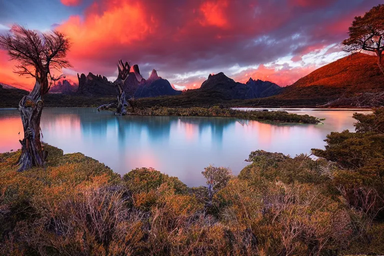 Image similar to A beautiful landscape photography of Patagonia mountains with a lake, a dead intricate tree in the foreground, sunset, dramatic lighting by Marc Adamus,