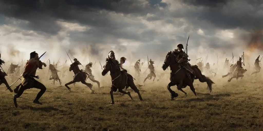 Image similar to promotional movie still rendered in octane, of an action shot from the battle of little bighorn, custer's last stand, majestic action, focusing on the offset center of the scene, intense dramatic hdr, natural light, cinematic lighting, extremely high detail, photorealistic, imax 7 0 mm, iso 4 0 0, 8 k, 4 k, hq