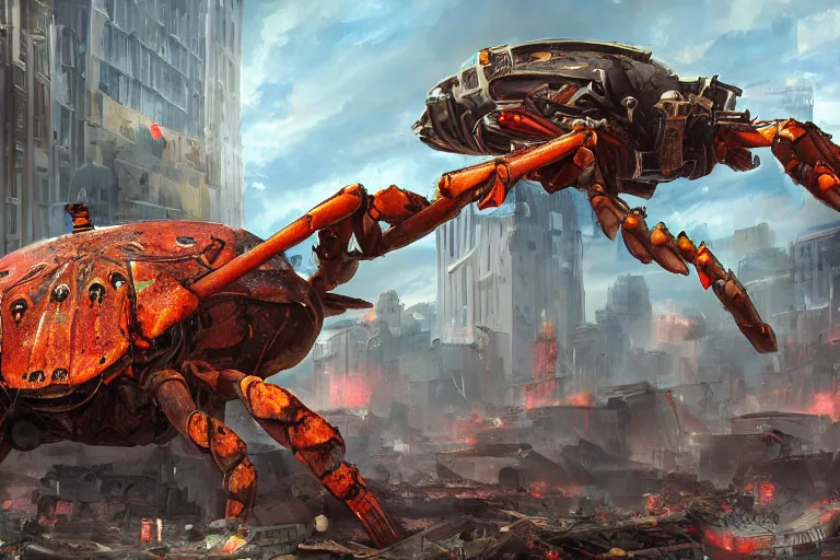 Image similar to giant mechanical crab destroying buildings on a city, digital painting, mixed media, trending on artstation and deviantart, epic composition, highly detailed, 8 k