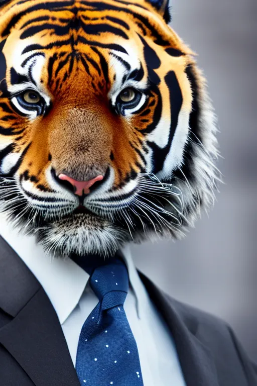 Prompt: high quality presentation photo of a tiger dressed in a dark business suit and tie, Anthropomorphic, photography 4k, f1.8 anamorphic, bokeh, 4k, 85mm lens