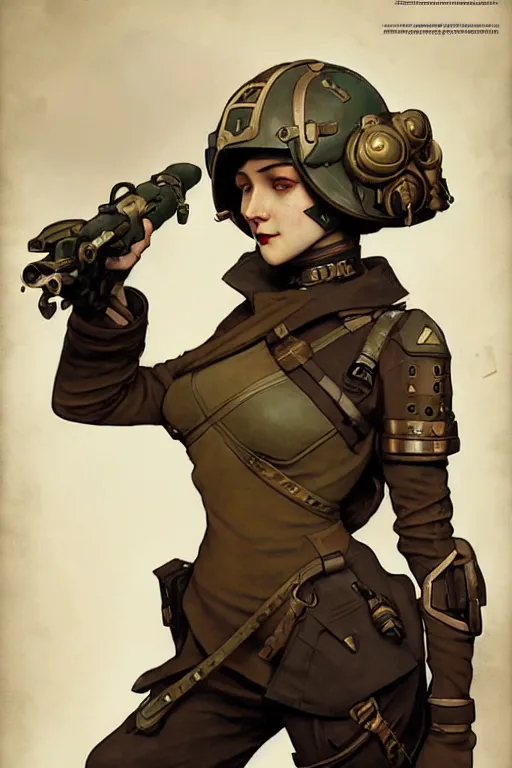 Image similar to female dieselpunk soldier character, helmet, shoulders, chest, portrait, armored, illustrations by alfons maria mucha and craig mullins and loish and rossdraws and artgerm and sargent