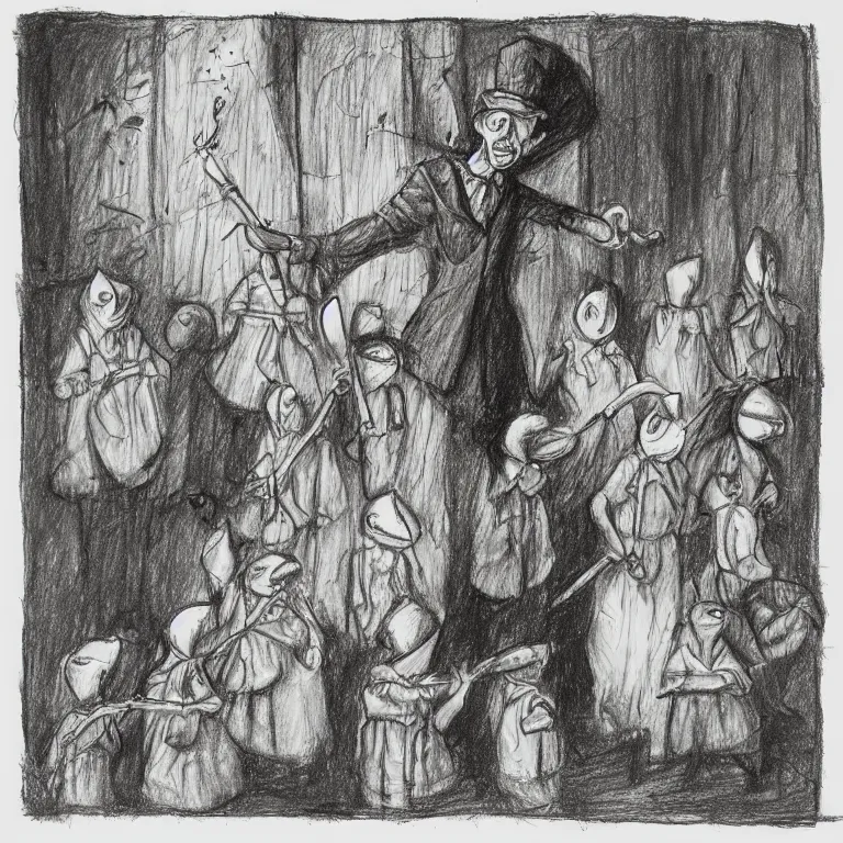 Prompt: a drawing in the style of stephen gammell of the pied piper of hamelin leading rats