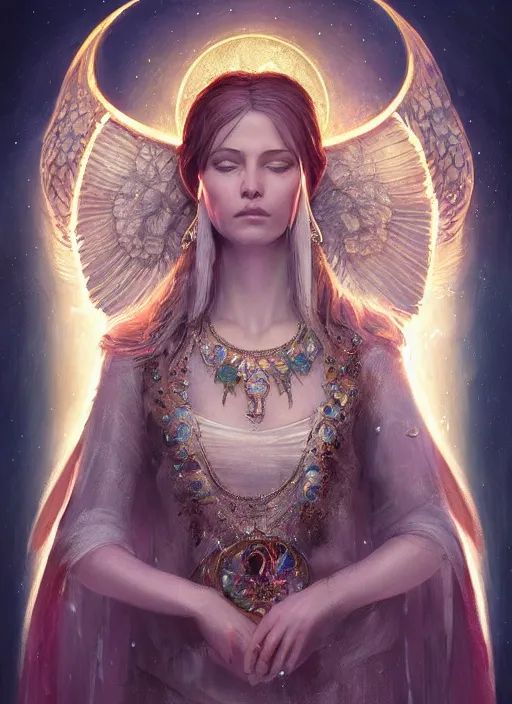 Image similar to A beautiful digital painting of a female Seraphim full of jewels, princess, the moon behind her, intricate, cinematic lighting, highly detailed, digital painting, Artstation, concept art, smooth, sharp focus, illustration, art by Tom Bagshaw, Artgerm and Greg Rutkowski