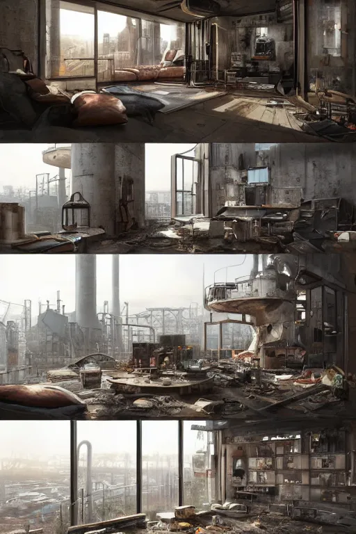 Prompt: an open - lan loft apartment with a panoramic view of a grim industrial landscape of cooling towers and rusted silos. inside, the apartment is fancy but filled with mess. extreme detail, artstation trending, artgerm, deviant art, octane, substance, art history 8 k