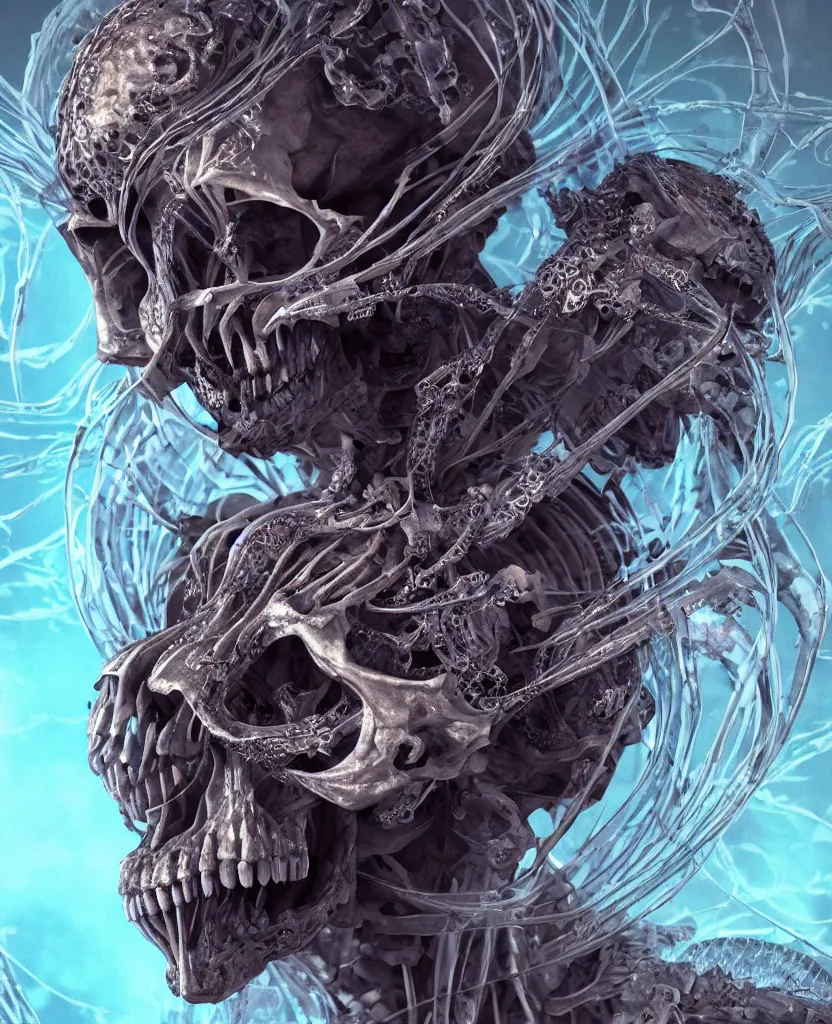 Image similar to close-up macro portrait of the face of a beautiful princess with animal skull mask and ribcage, skeleton epic angle and pose, symmetrical artwork, 3d with depth of field, blurred background, cybernetic jellyfish female face skull phoenix bird, translucent, nautilus, energy flows of water and fire. a highly detailed epic cinematic concept art CG render. made in Maya, Blender and Photoshop, octane render, excellent composition, cinematic dystopian brutalist atmosphere, dynamic dramatic cinematic lighting, aesthetic, very inspirational, arthouse. y Greg Rutkowski, Ilya Kuvshinov, WLOP, Stanley Artgerm Lau, Ruan Jia and Fenghua Zhong