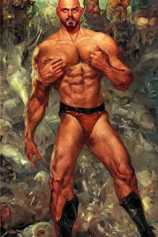 Prompt: beautiful gorgeous bald toreador guy with a short beard, painted by tom lovell, alex malveda, greg staples