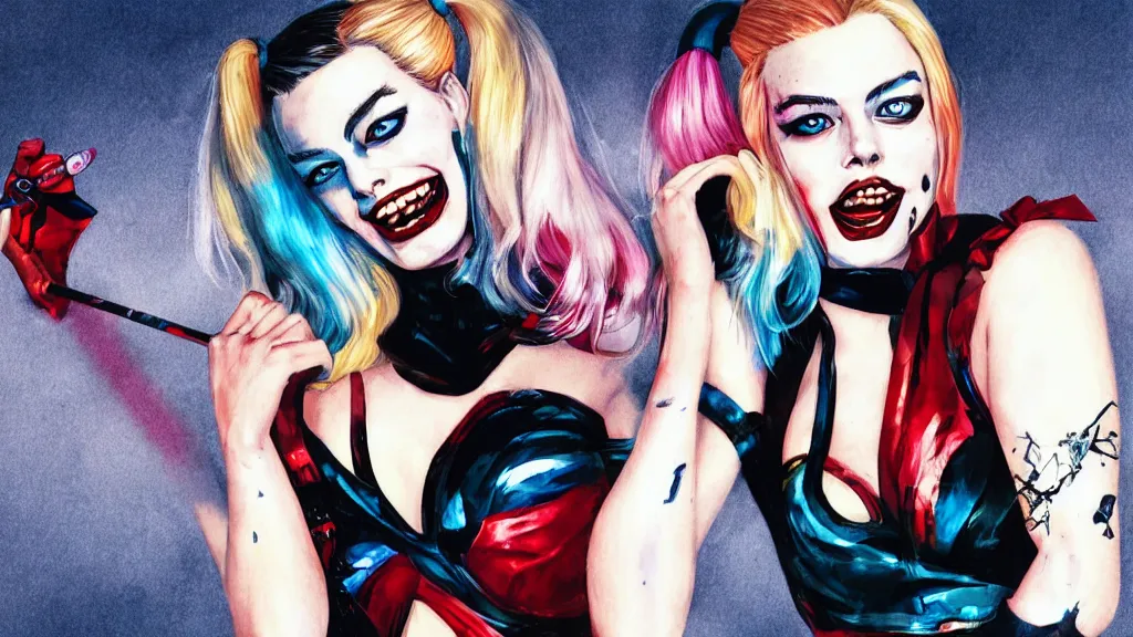 Image similar to portrait of Margot Robbie as Harley Quinn, Pixiv style, detailed,
