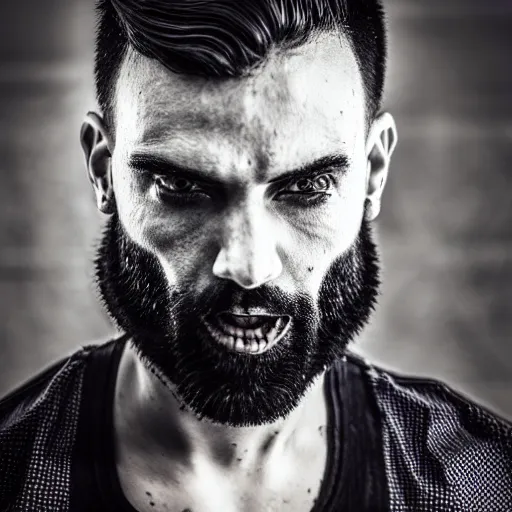 Image similar to bust portrait of handsome proud man with short black hair with grey hair, very short full beard warrior, cyberpunk, fashion editorial photography, neon color scheme, waist up, low angle