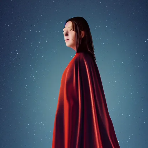 Prompt: woman wearing a cape made of the night sky, full body, elegent, portrait, octane render, radiant lighting, digital painting