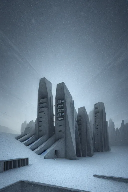 Image similar to sci - fi concrete brutalist architecture in the italian dolomites, snowfall, rutkowski, zaha hadid, beksinski, oil painting, photoreal, highly detailed, 8 k, hd, vray, artstation, cinematic matte painting, extreme detail photo quality, dark moody colors, featured on behance