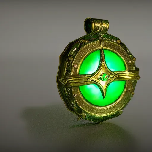 Image similar to shiny metallic amulet with a glowing emerald, highly detailed, concept art, beautiful, octane render, realistic, unreal engine, sharp focus